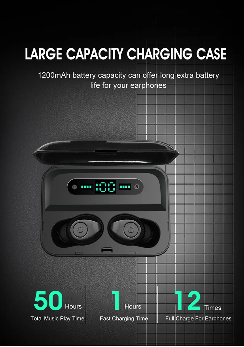 Светодиодный дисплей беспроводные Bluetooth наушники 5,0 водонепроницаемые 1200mA power Bank наушники 5D стереонаушники Bluetooth для всех смартфонов
