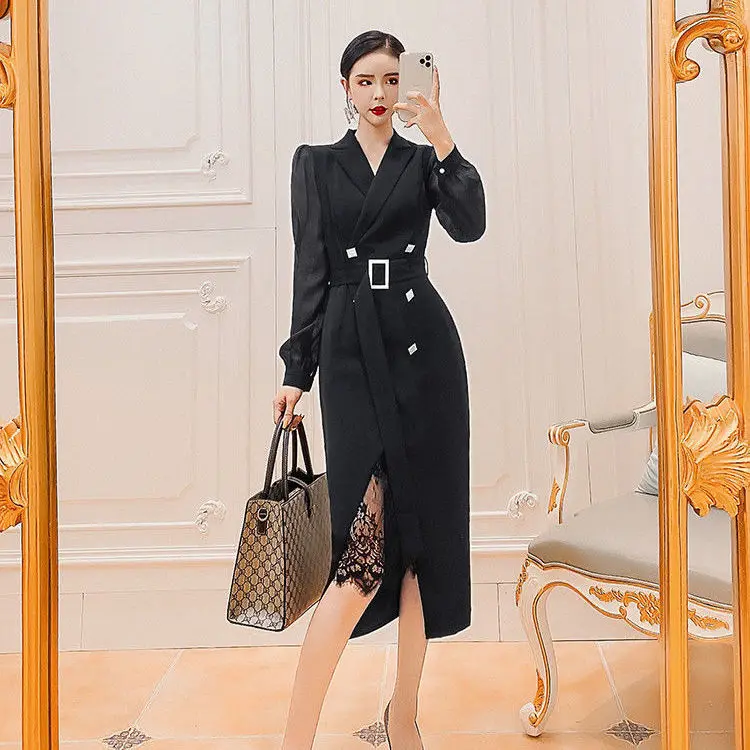 

Women 2021 Spring New Fashion Solid Color Lace Dress Female Long Sleeve Slim Vestidos Ladies V-Neck Package Hip Dresses L45