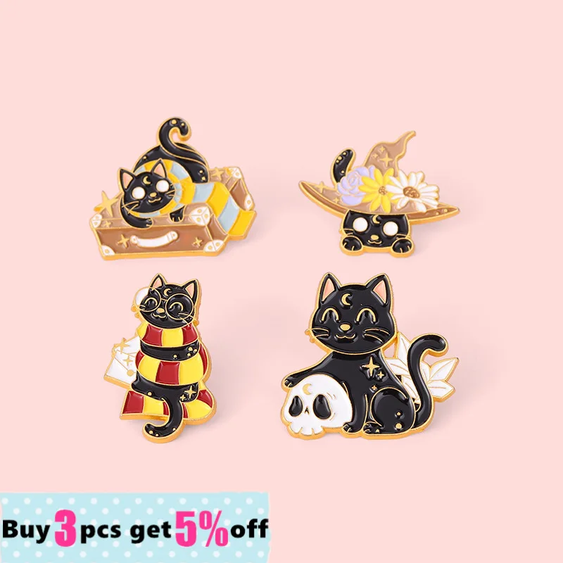 Волшебная ведьма скелет кошка эмалированная булавка шляпа котенок броши-Кошки