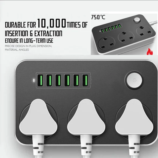 

Fast Charging Socket UK FUSED Plug Power Strip 3 AC Outlet 6 USB Extender With 1.8M Cable Safety Network filter for Home Office
