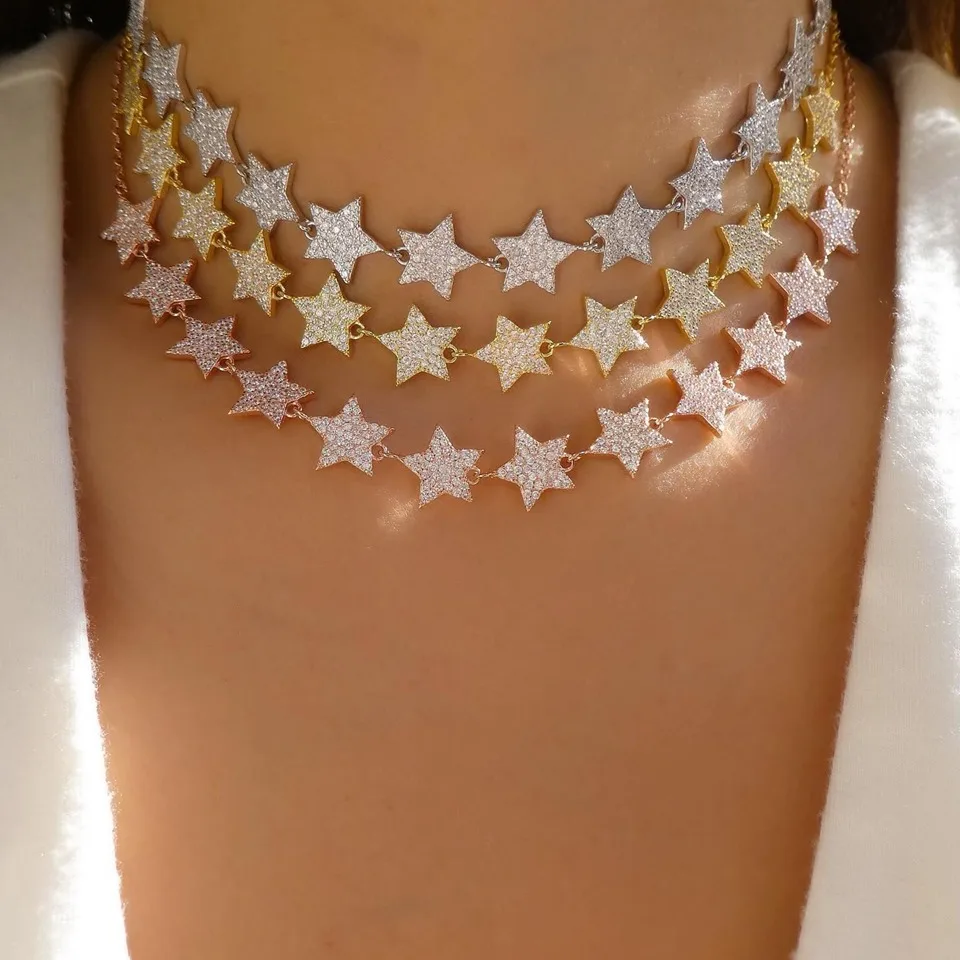 

2023 New Arrival 33+7cm Mini Star Link Chain Dainty Aaa Cubic Zirconia Choker Star Necklace Gold Filled For Women Wedding Party