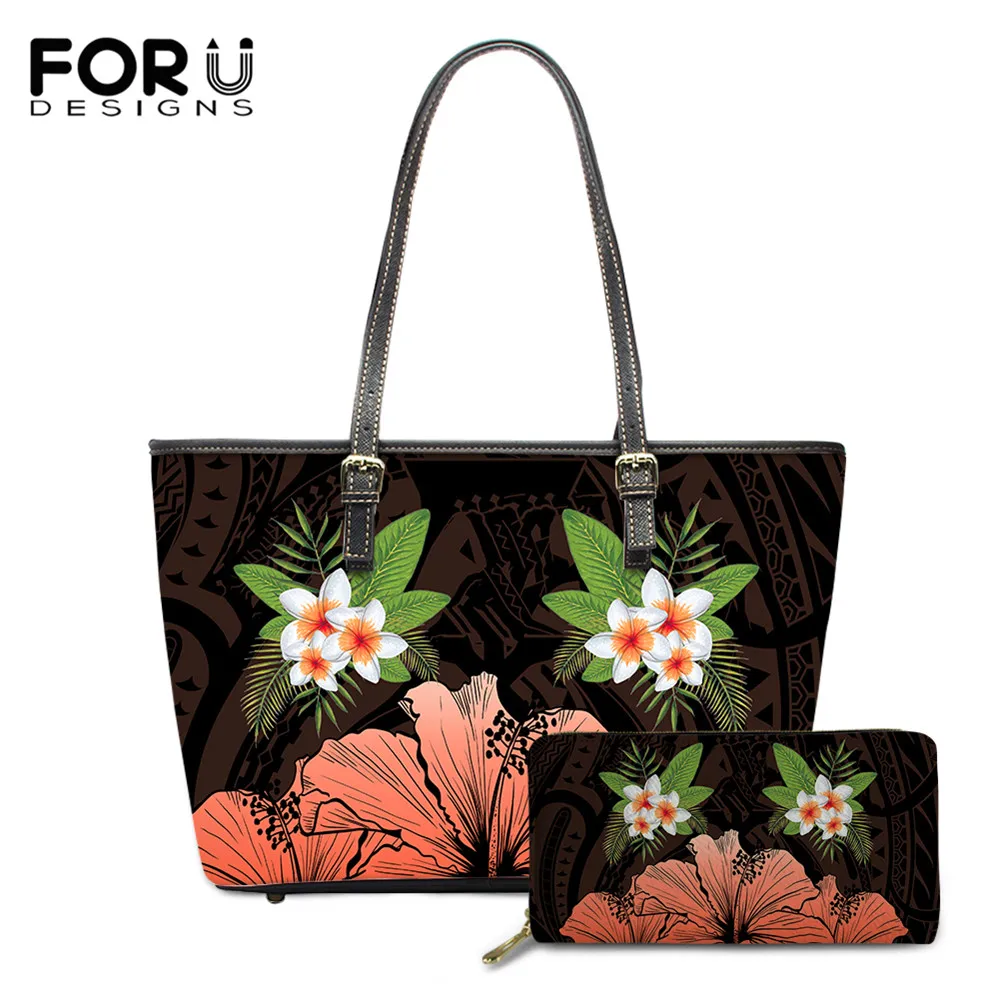 

FORUDESIGNS роскошный комплект из искусственной кожи для женщин, 2 сумки через плечо и кошелек, гавайский гибискус, цветочный принт, женская вечер...