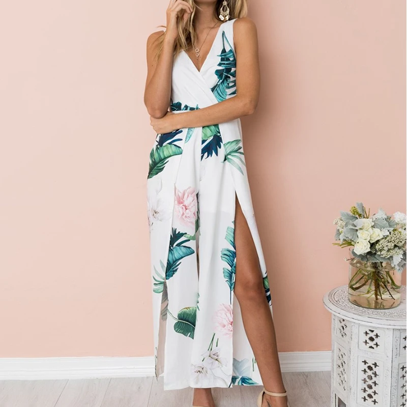 2019 летний женский комбинезон без рукавов с цветочным принтом v-образным вырезом