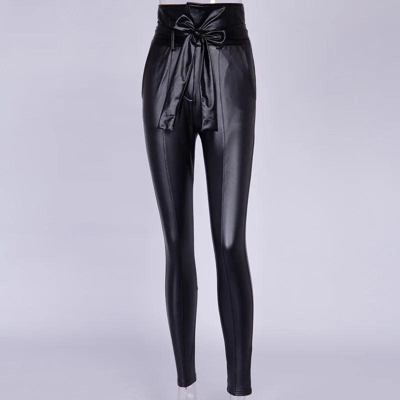 

HStar spring Gold Black Belt High Waist Pencil Pant Women Faux Leather PU Sashes Long Trousers Sexy Exclusive Fashion