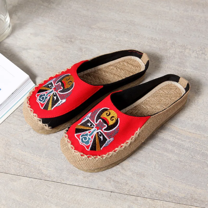 Handmade Embroidery Round Toe Slippers Casual Linen Slip On Loafers Khaki Blue Retro Zpatillas Mujer Sapatos Flats Shoes