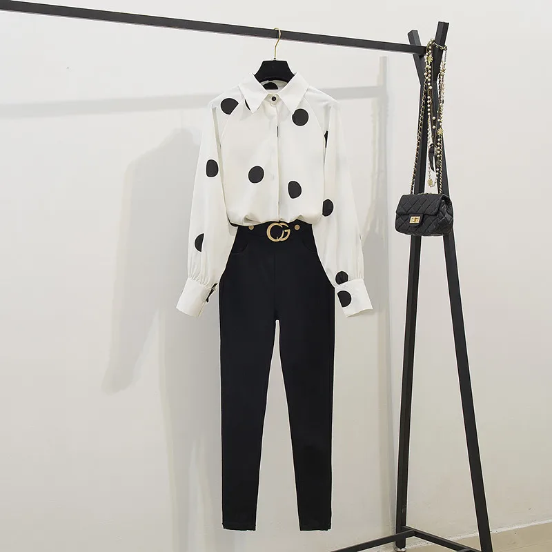 Женские комплекты из 2 предметов рубашка в горошек с длинным рукавом и узкие