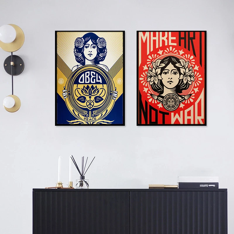 Картина на холсте Make Art Not War в стиле винтаж от Шепарда Фэйри для украшения интерьера гостиной и спальни.