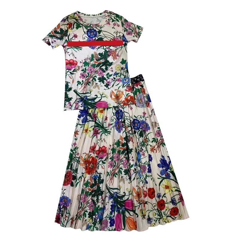 

Summer Women Fashion Casual Brand Gg Sets O-Neck Loose Plus Size Cotton Green Printed T-Shirt + Elastic Waist Pleated Skirt