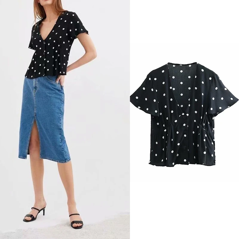 Za 2019 летняя женская блузка в горошек модная плиссированная v образный вырез