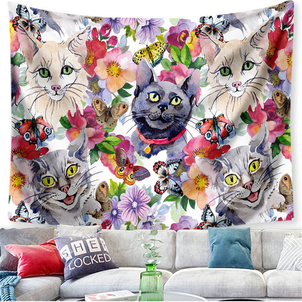 

Bohemia Painting Cat In The Flowers Mandala Tapestry Wall Hanging Blanket Butterfly Psychedelic Tapiz Boho Wall Decor Background