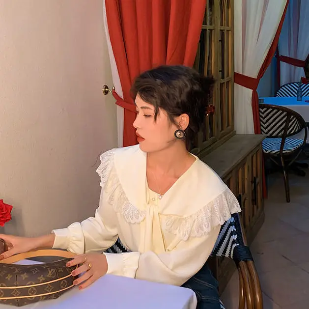 

Spring Autumn French Style Vintage Lace Top Collar Blouse Women's Elegant Long Sleeve Designer Office Lady Tops Shirt For Women