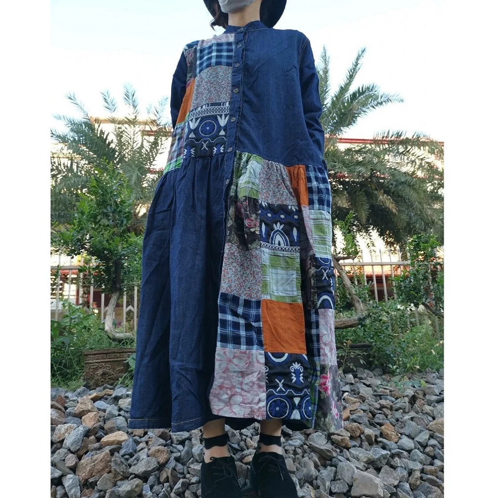 Casual Patchwork Chinese Style Denim Long Sleeve Loose Cardigan Long Skirt Dress Women's Dresses