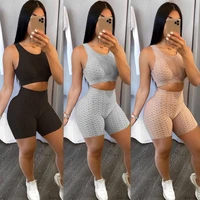 summer solid waffle sheer mesh patchhwork sleeveless tank top shorts set casual sporty active jogger suit fitness two piece set