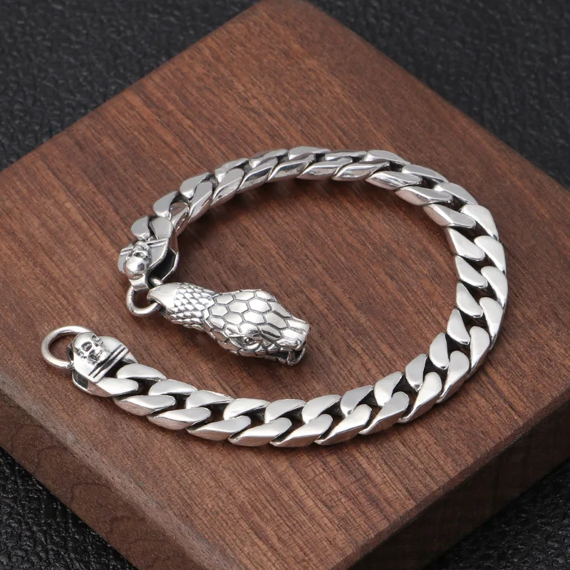 Genuine 925 Sterling Silver Men's Bracelet Jewelry Vintage Classic Snake Head Buckle Glossy Domineering Accessories | Украшения и