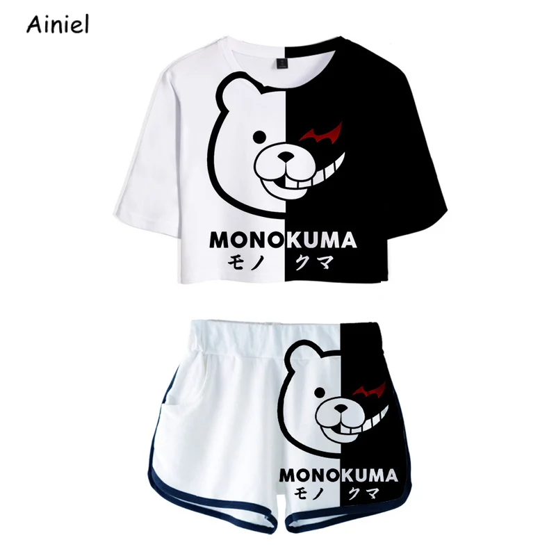 

Danganronpa Косплей Монокума костюмы рубашки футболки шорты Grils сексуальные комплекты из двух предметов Дзюнко Эносима Топы женские спортивные ...