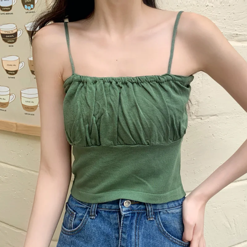 

Women's Camisole Summer New Fashion Solid Folds All-Match Short Cropped Feminino Female Sleeveless Slim Casual Basic Tank Tops