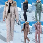 Лыжные зимние костюмы для женщин, белые с черной вставкой, Слитная парка с капюшоном, комбинезон, женское хлопковое боди, брюки на молнии, комплекты D0