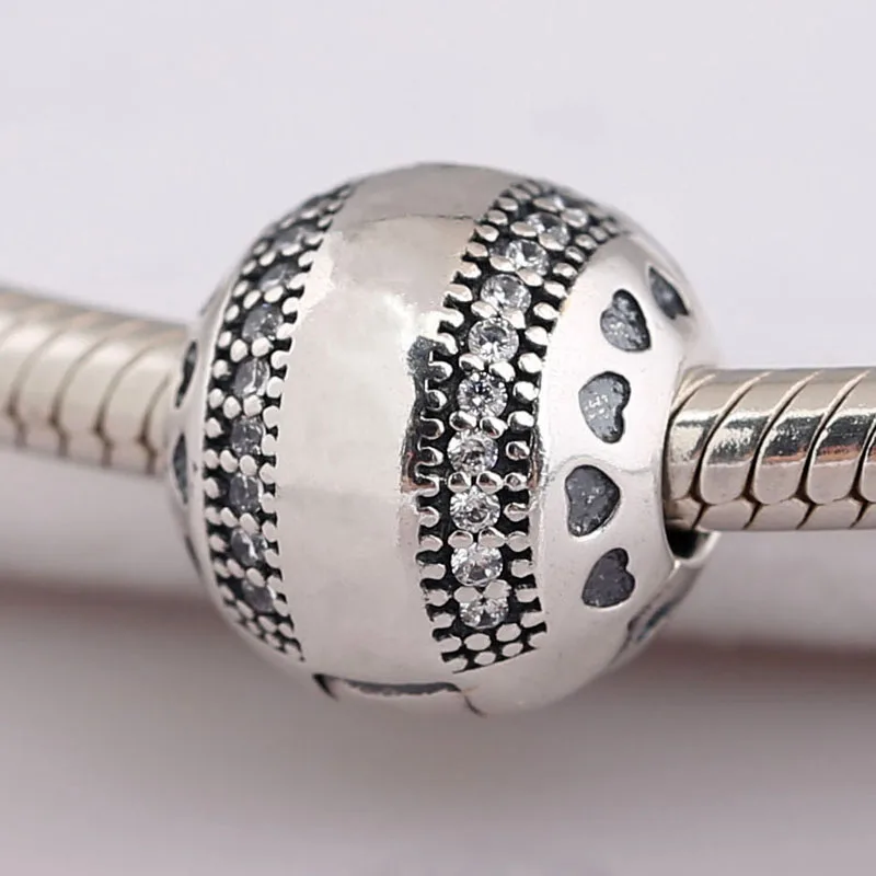 Оригинальные искрящиеся полоски сердца зажим-замок стоппер бусин подходят для серебряного браслета-подвески 925 пробы.