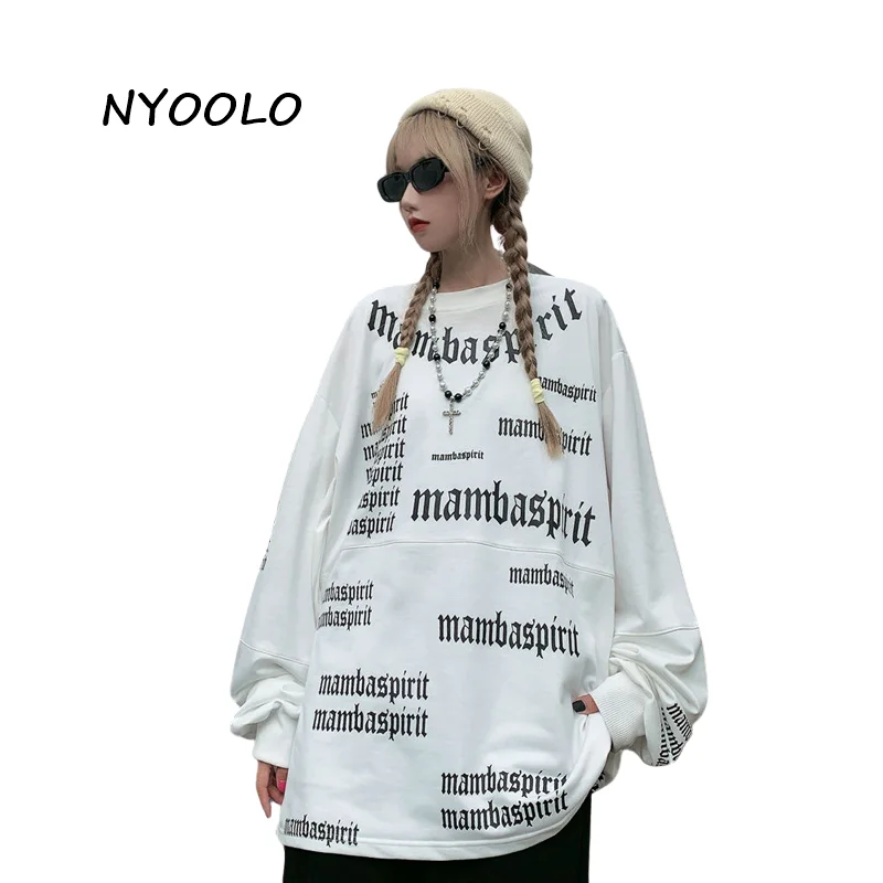 

Уличная одежда NYOOLO в стиле Харадзюку, пуловеры в стиле пэчворк с буквенным принтом и длинными рукавами, Готическая толстовка, женская и мужс...