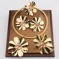 5pcs trendy engagement wedding jewelry dubai african ladies flower earrings ring gold plated necklace party christmas jewellery