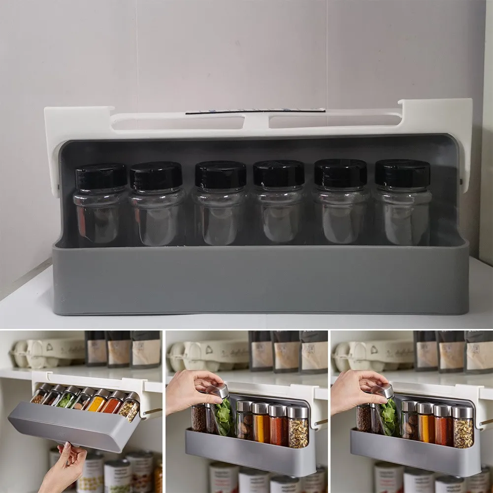 

Seasoning Bottle Storage Holder Kitchen Free Punching Hanging Cabinet Storage Spice Jars Plastic Pull-out Storage Holder
