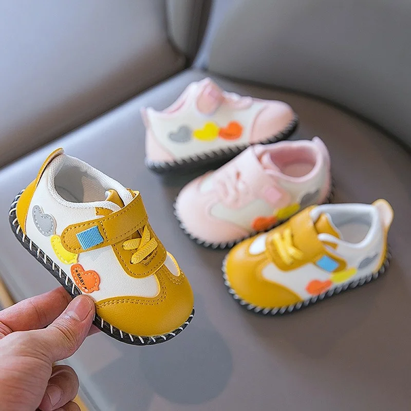 

Kids First Walker Shoes New Leather Splicing and Three Cute Duck Unisex Sneakers Hook & Loop Soft Children Spring Causal Shoes