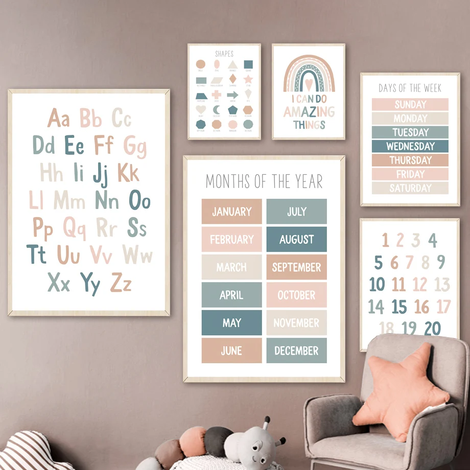 

Wall Art Canvas Paintings Alphabet Rainbow Numeral Nordic Posters Educational Prints Wall Pictures Kids Room Nursery Decoration