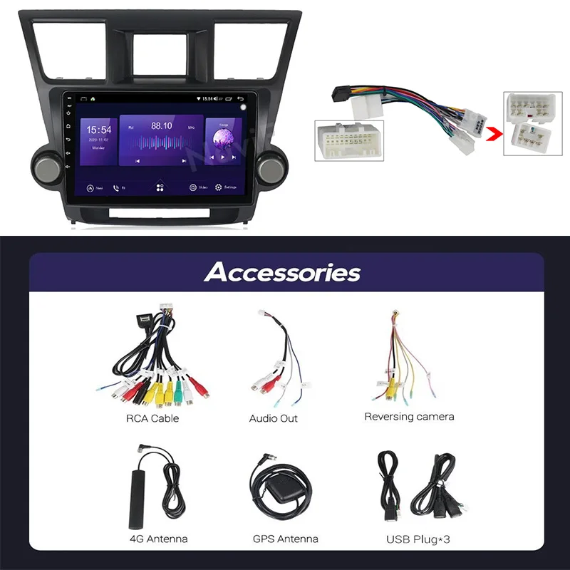 

NaviFly 6GB+128GB QLED Screen 1280*720 Android 10.0 Car Radio Audio Multimedia Player For Toyota Highlander 2 XU40 2007 - 2013