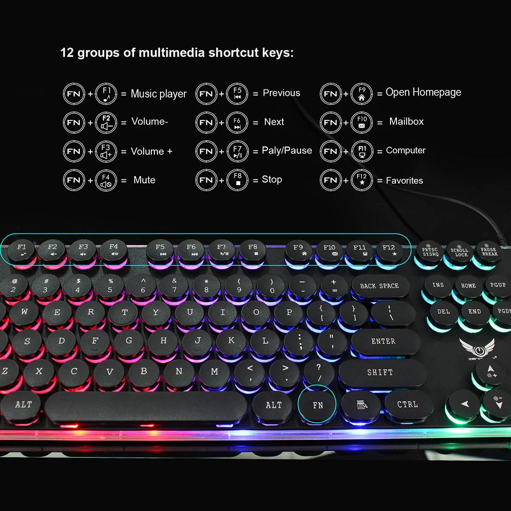 ZERODATE Проводная игровая клавиатура мышь набор комбинированная металлическая панель 104 клавиш стимпанк Красочные смешанные игровая клавиатура с подсветкой