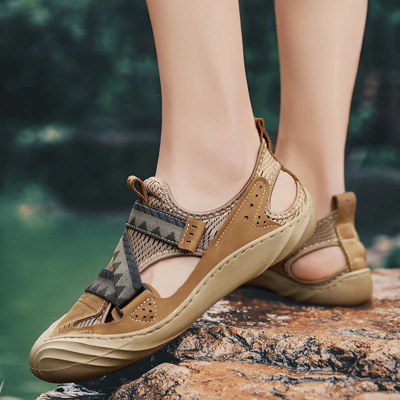 Сандалии мужские из натуральной кожи дышащие пляжные босоножки брендовая