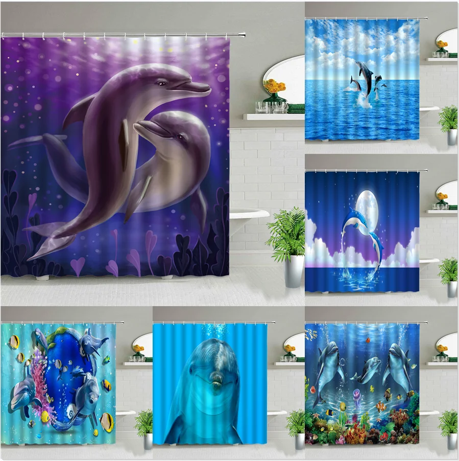 Romantic Couple Dolphin Shower Curtains Cute Ocean Animal Tropical Fish Children's Bathroom Decor Waterproof Cloth Curtain Set
