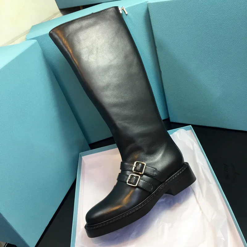 

High Boots Flat Woman Riding Boots Buckle Black Genuine Leather Round Toe Womens Designer Boots Knee-High Zapatos De Mujer New