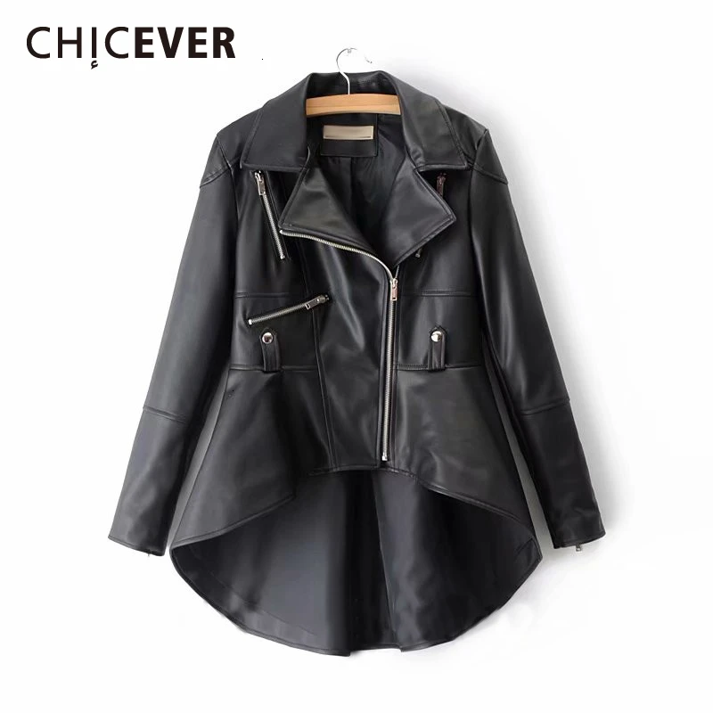 CHICEVER из искусственной кожи Для женщин куртка с отворотом воротник с длинными рукавами асимметричное платье размера плюс Повседневное пальто женский модные Новая одежда