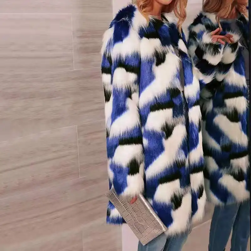 Женское зимнее длинное пушистое меховое пальто с принтом теплая верхняя одежда