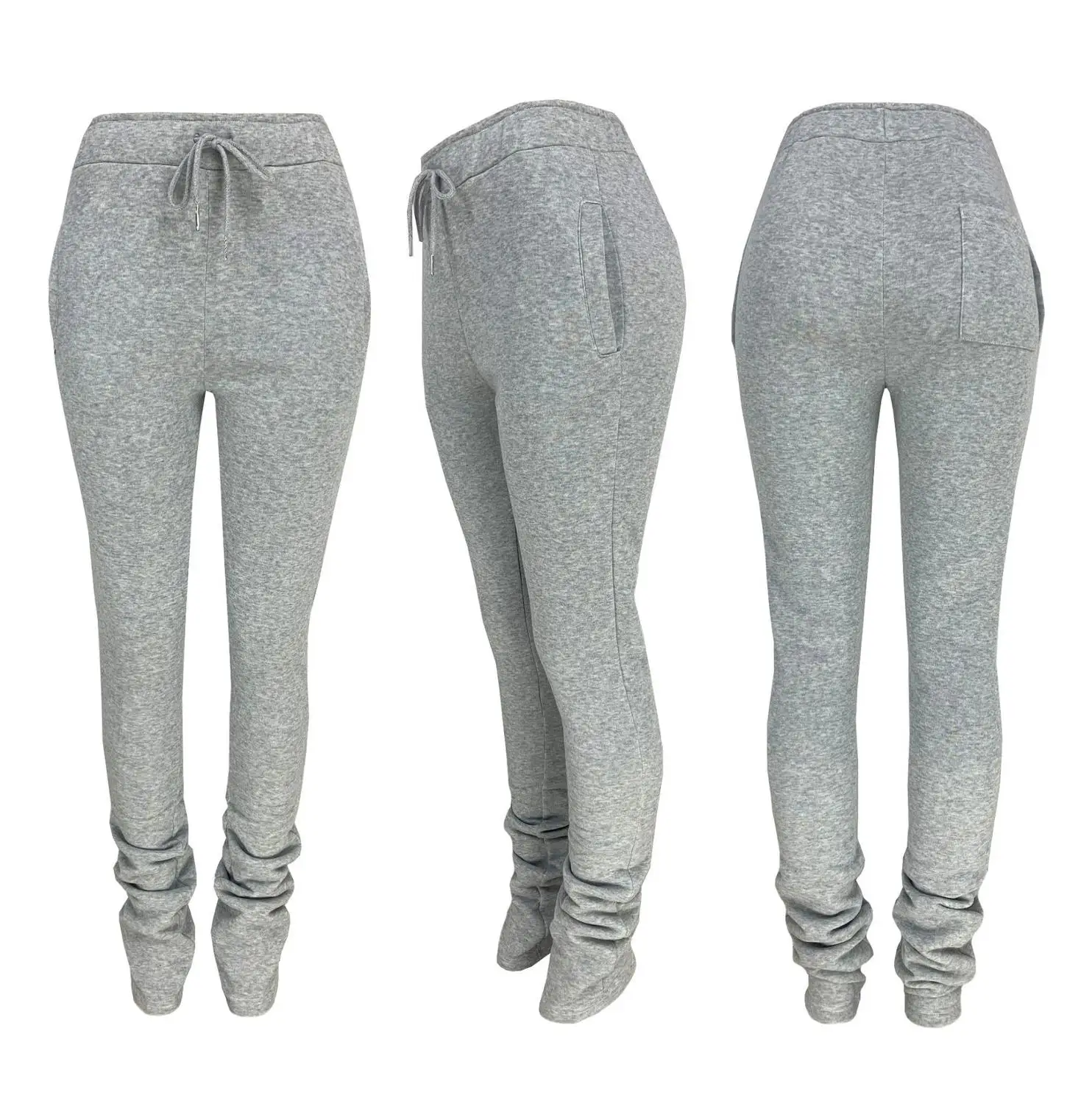 Stacked Pants Women Solid High Waist Drawstring Bell Bottom Flare Pleated Pants Casual Active Leggings Thick Sweatpants Trousers images - 6