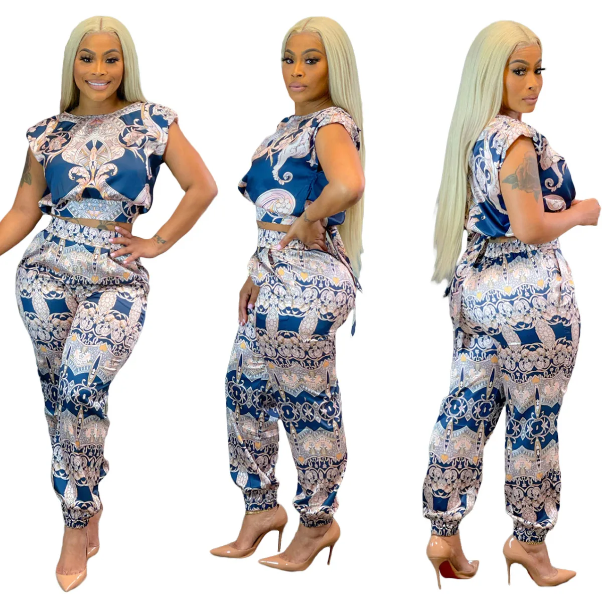 

Donsignet Fashion Women Set New 2021 Spring Summer Printed O-Neck Short Sleeve Women Crop Top Two-Piece Set Conjunto Feminino