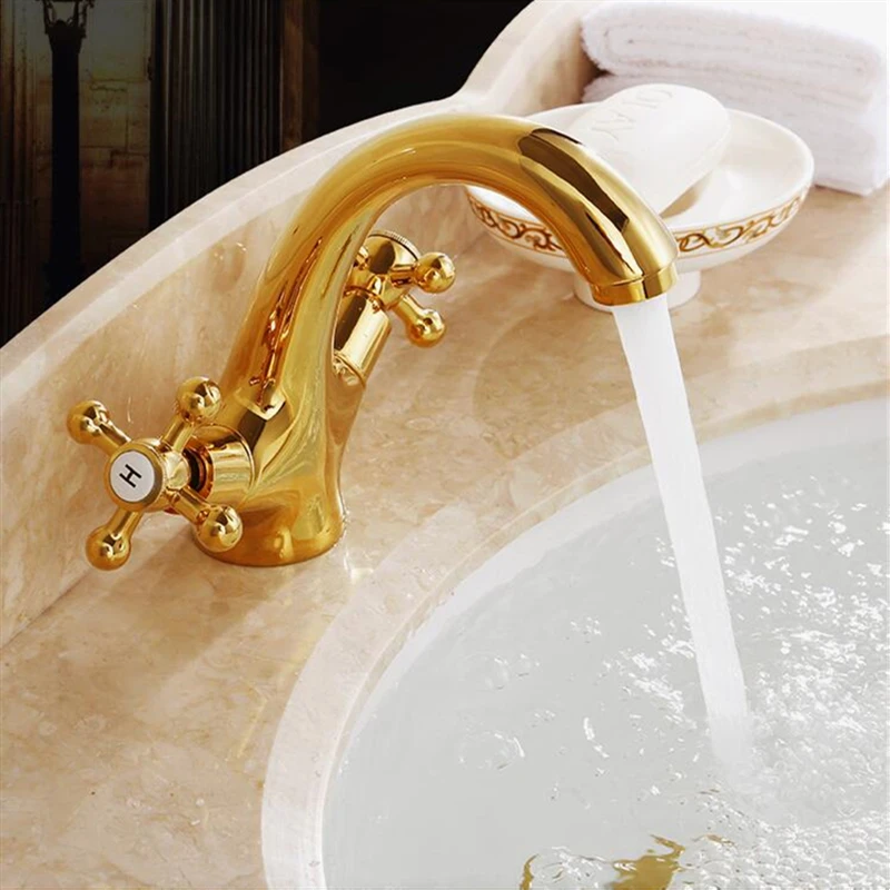 Золотой кран для раковины ванной комнаты смеситель на бортике латунная раковина