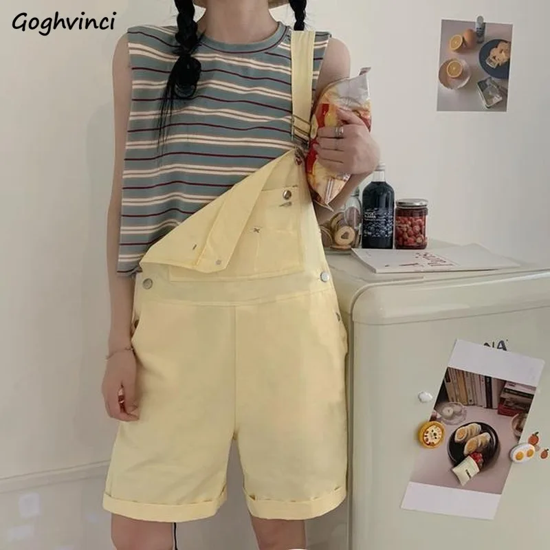 

Women Rompers School Yellow Pockets Denim Summer Lovely Sweet Leisure Students High Street Harajuku Loose Fashion Korean Style