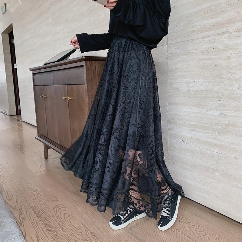 

Elastic High Waist Lace Skirts Womens Korean Elegant Casual A-Line Black Long Mujer Faldas Female long skirts for women