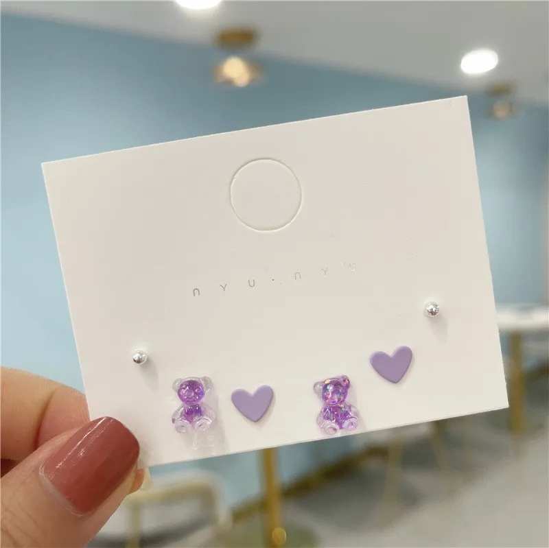 3 Pairs/Set Dreamy Cartoon Animal Purple Yellow Bear Love Heart Stud Earrings Set Lovely Girlish Style Fashion Jewelry Gifts | Украшения и