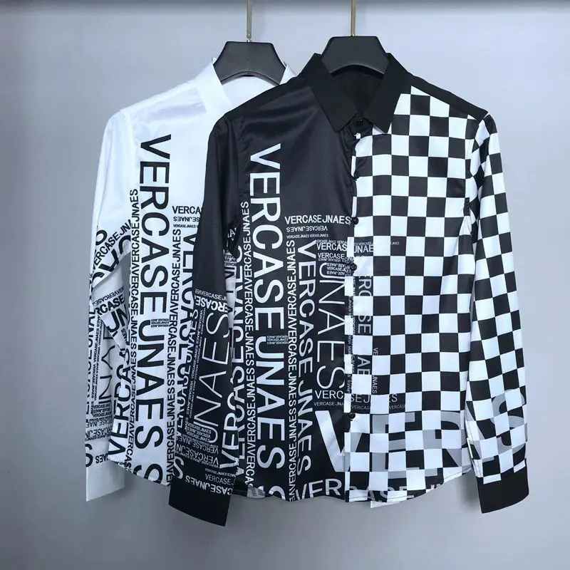 

2021 men's spring and autumn long sleeve shirt slim stitching black and white plaid printed fashion handsome shirt
