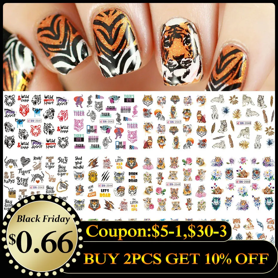 

12pcs Tiger Leopard Nail Sticker Zebra Wolf Wild Animal Water Transfer Sliders Full Wraps Valentine Decoration SABN2041-2052