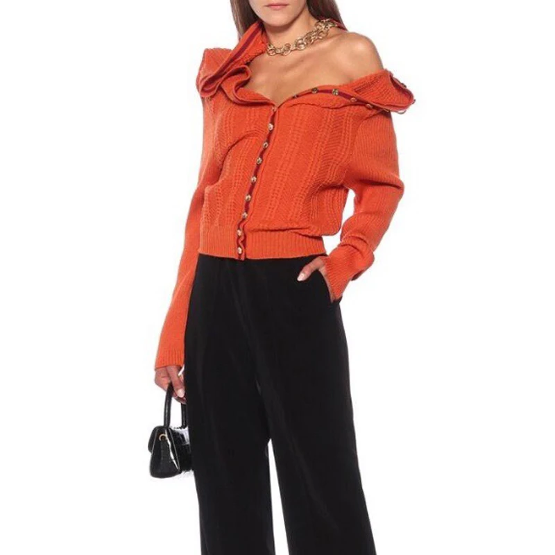 

Metal 10.11 Chains Asymmetric Decoration Rib Knit Wool Cardigan Women Fashion High end Single Breasted Short Sweater