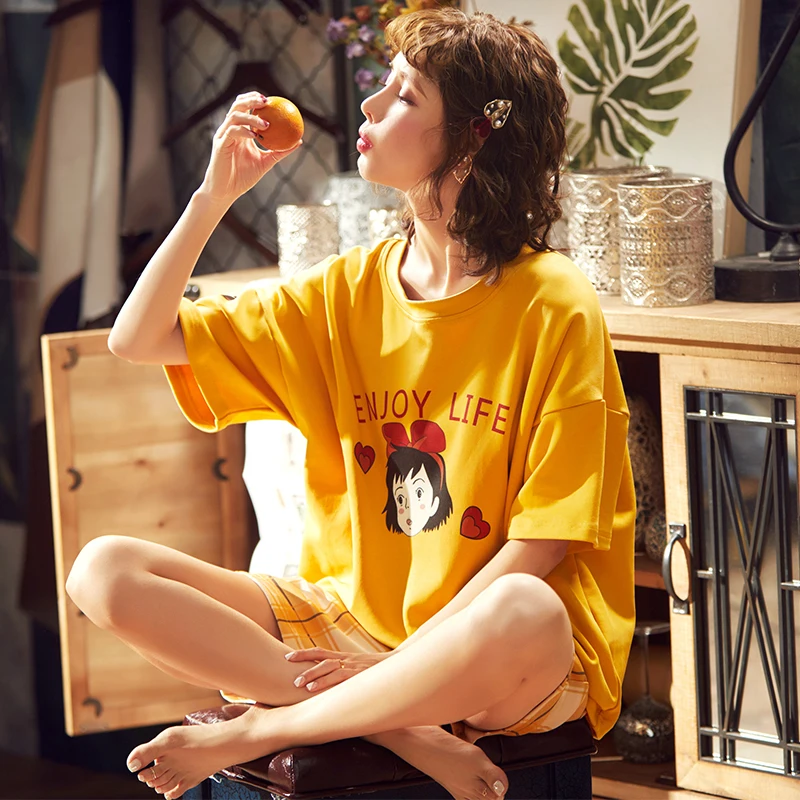 Летний хлопковый свободный комплект с коротким рукавом и мультяшным принтом