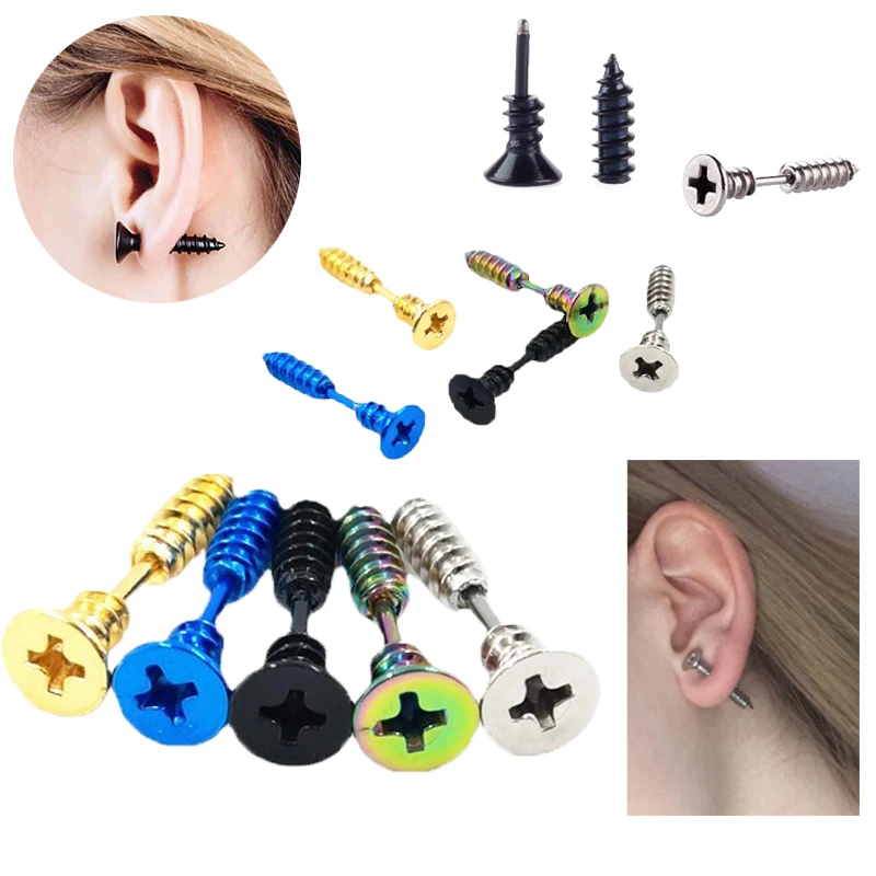 

Punk Style Screw Ear Studs Stainless Steel Stud Earrings Men Women Accessories Locomotive Rock Body Piercing Jewelry Unisex