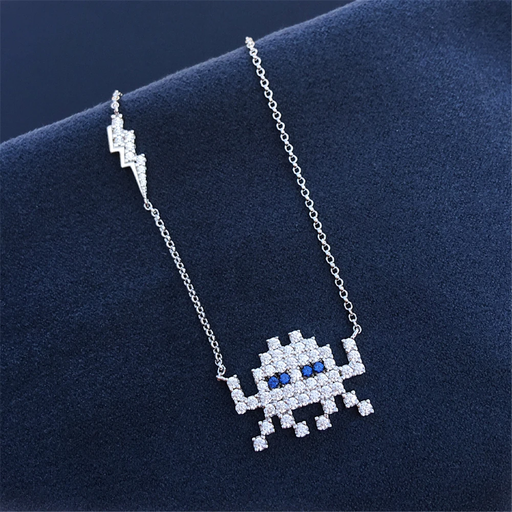 

s925 sterling silver fashion cute pet puppy necklace female style video game robot medium long sweater chain