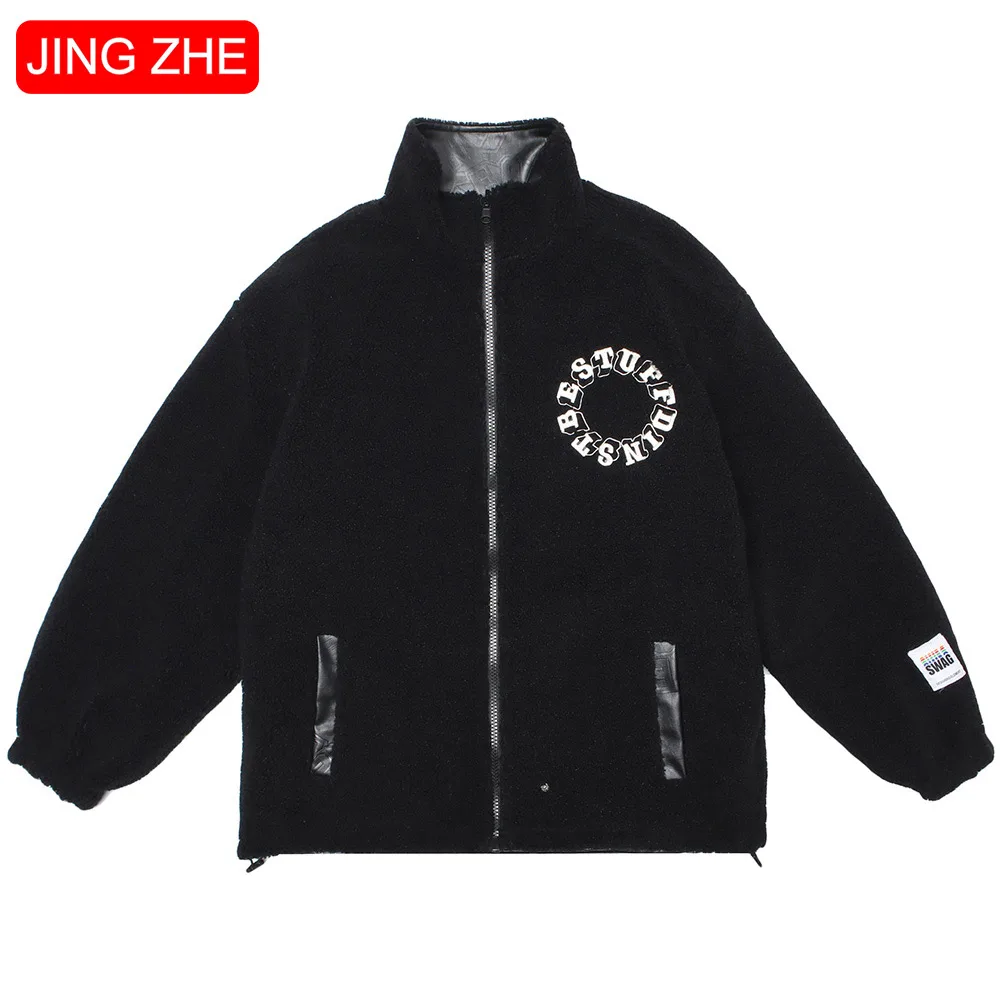 

JING ZHE Fleece Jacket for Men Leather Coat Wear on Both Sides Winter Parka Men Windbreakers Thick Warm Streetwear Outwear