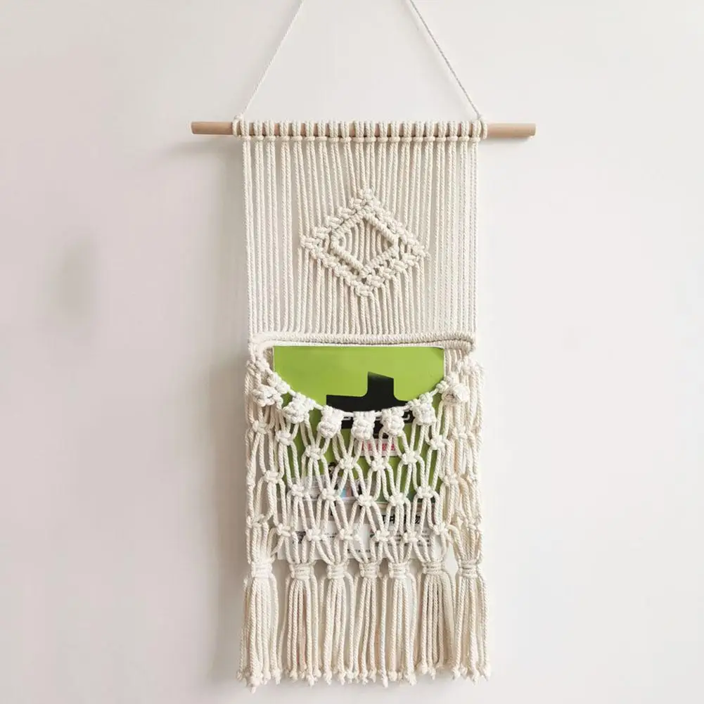

Macrame Woven Wall Hanging Magazine Storage Basket Bohemian Cotton Handwoven Tapestry Apartment Dorm Room Decoration