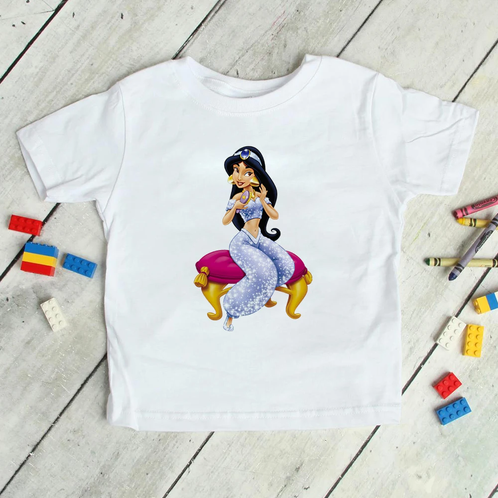 2021 Disney Aladdin Jasmine Princess Print Girl T-shirt Harajuku Summer Fashion Cartoon Short Sleeve Kids Clothes Dropship t-shirt kid dress	