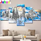 Алмазная 5d Вышивка сделай сам, 5 панелей, лошади, морская волна, голубое небо, полноразмерная мозаика с квадратными и круглыми стразами, рисунок с животными
